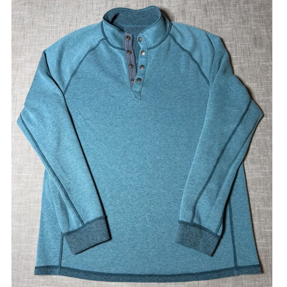 Tommy Bahama Reversible Quarter Snap Pullover Mens Large Teal Blue Mock Neck L/G